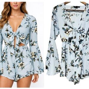 REVAMPED | Blue Floral Tie Front Cutout Bell Sleeve Romper | Fairy Fae Coquette